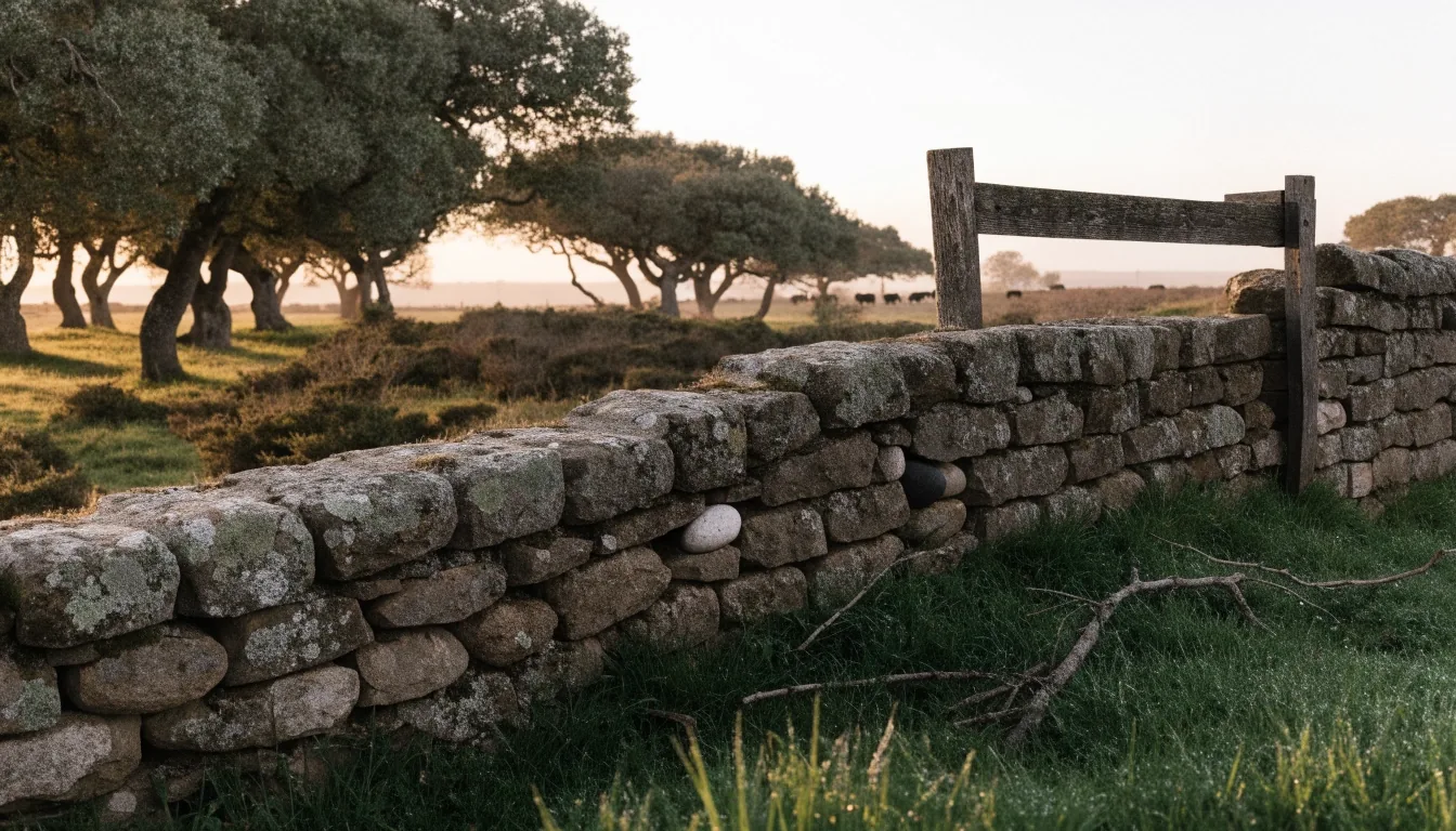 Dehesa ibérica con encinas y alcornoques espaciados sobre pasto verde a primera hora