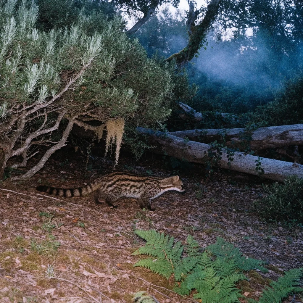 Gineta entre matorral y troncos en un bosque mediterráneo al anochecer
