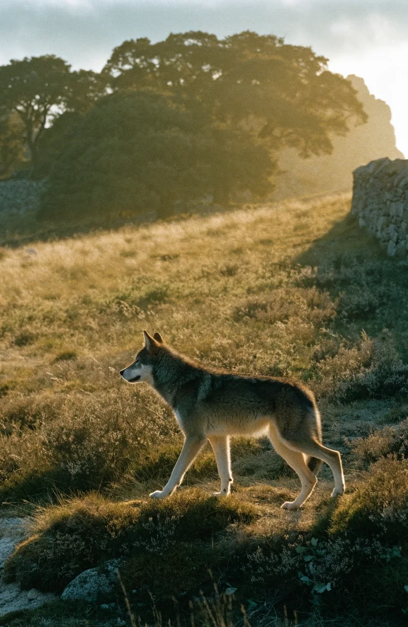 Lobo ibérico cruzando un prado de montaña en el noroeste peninsular al atardecer