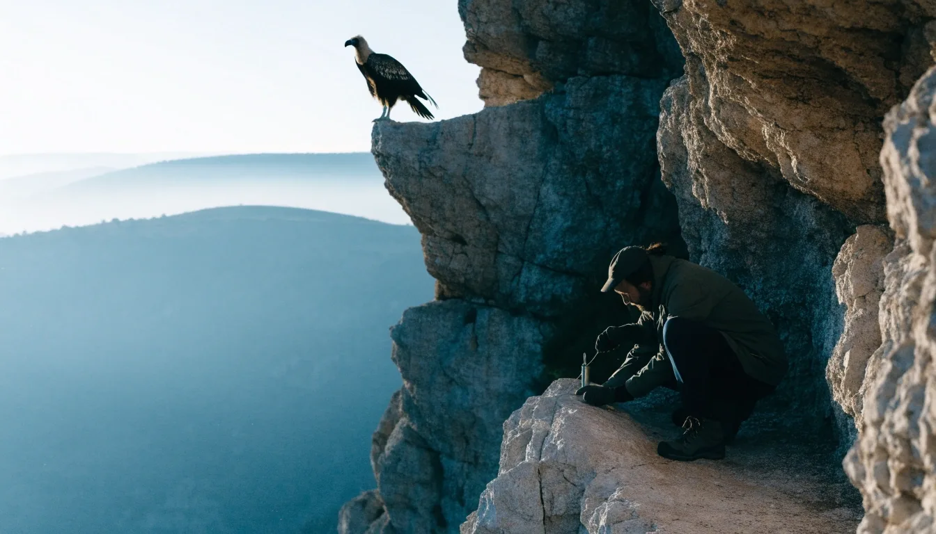 Quebrantahuesos posado en un cortado rocoso de alta montaña al amanecer