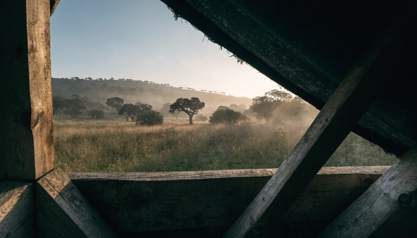 Interior de un observatorio de madera al amanecer, con el paisaje de dehesa iluminado al fondo
