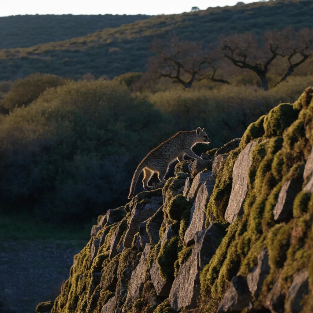 Gineta trepando por un muro de piedra al amanecer en el paisaje mediterráneo ibérico