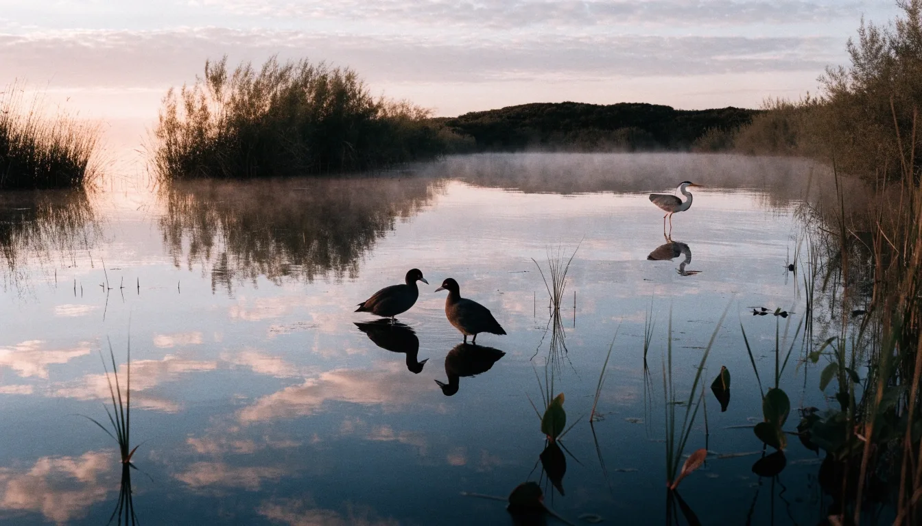 Marisma ibérica al atardecer con carrizal y aves acuáticas