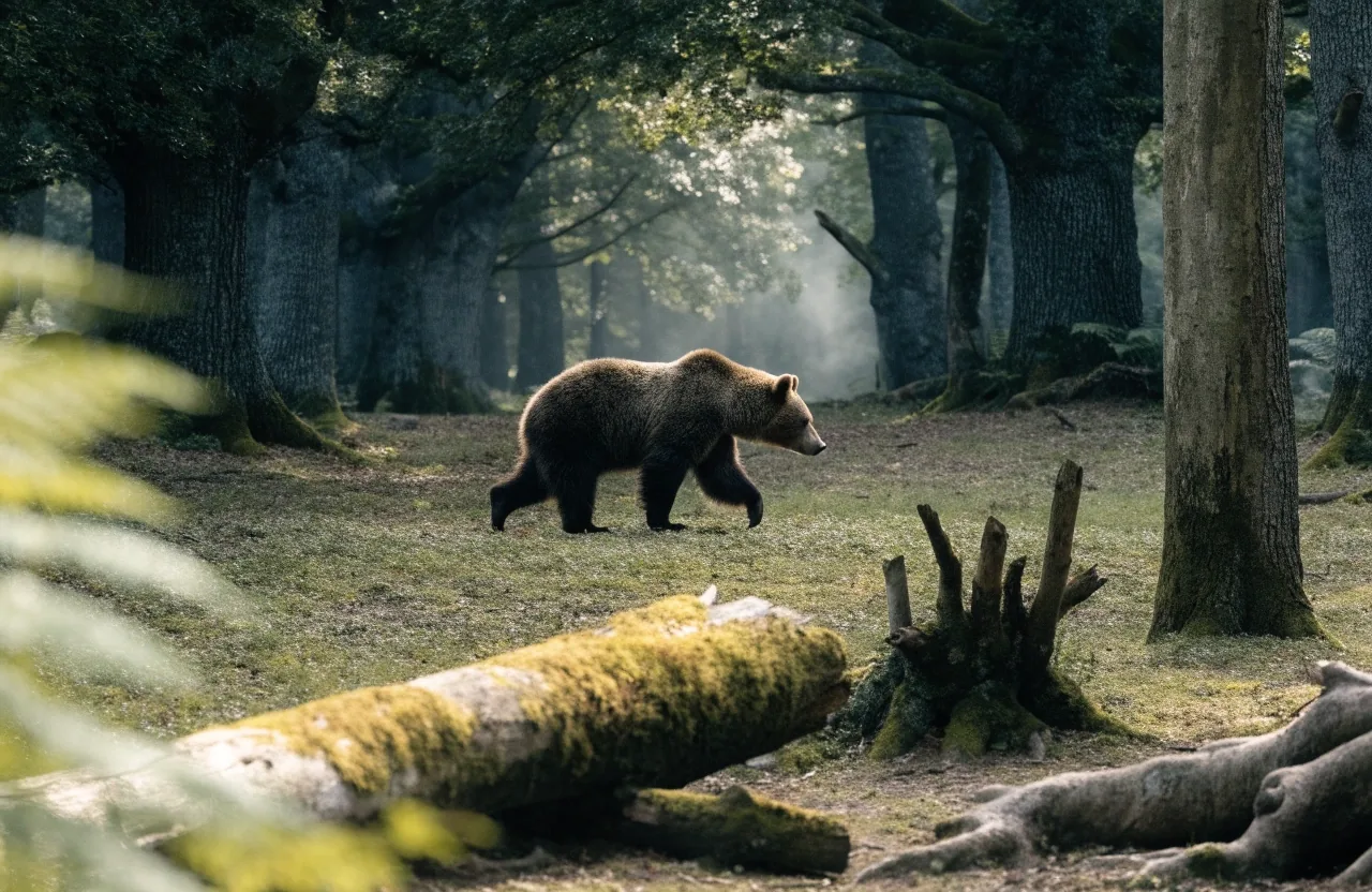 Oso pardo cantábrico en un bosque maduro de la Cordillera Cantábrica