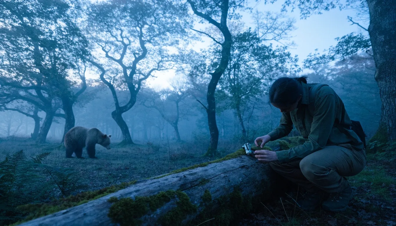 Grupo de observadores preparados al amanecer en el borde de una dehesa extremeña