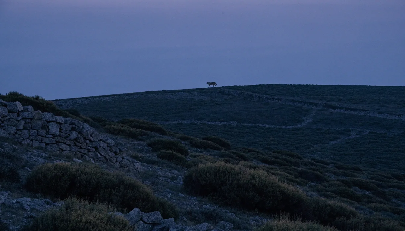 Lobo ibérico alejándose por una loma en la penumbra del atardecer