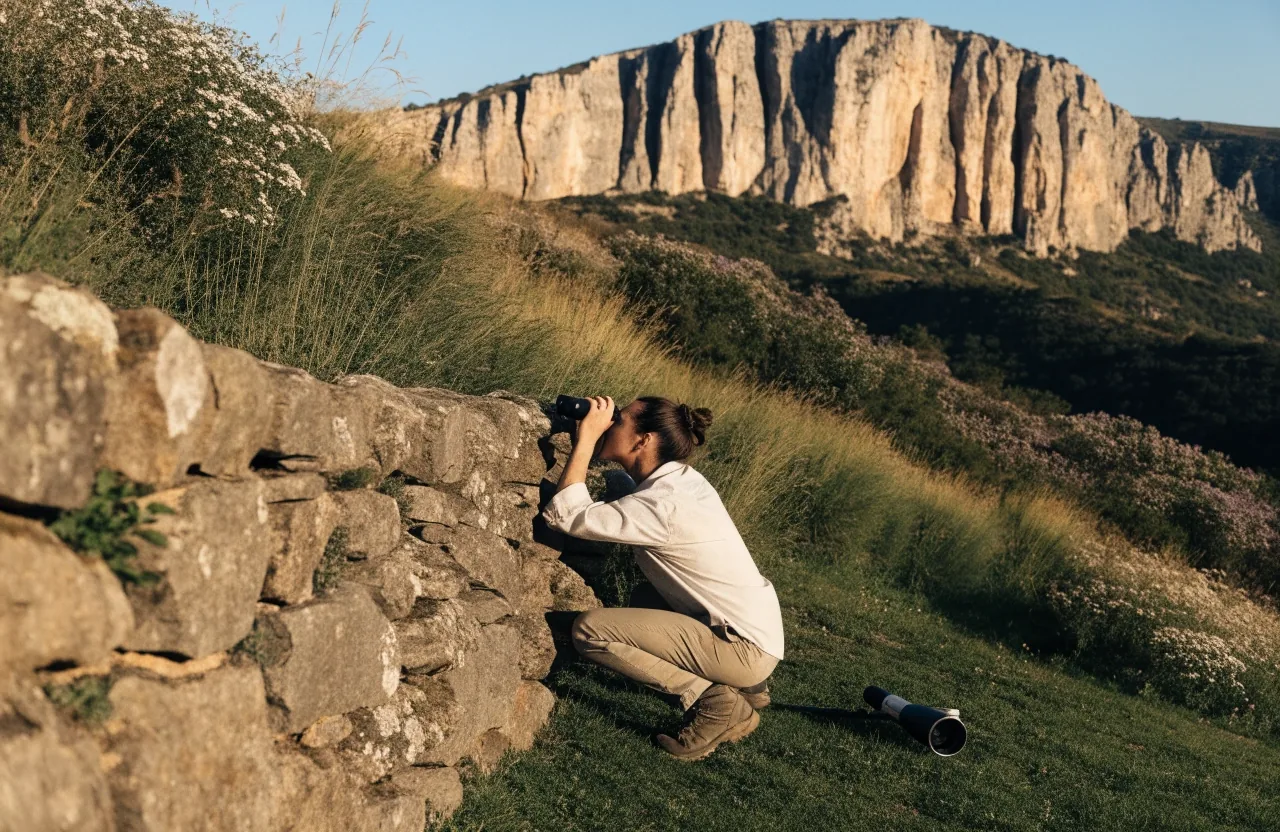 Observador con prismáticos aguardando junto a un muro de piedra en un alto de montaña