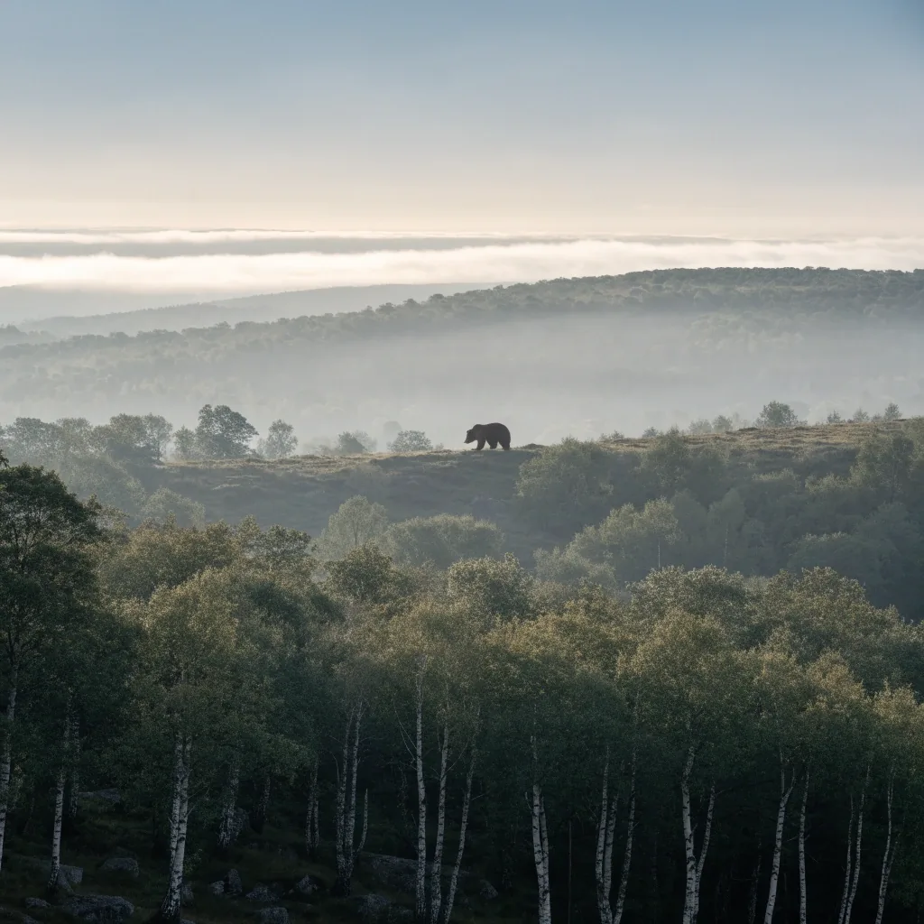 Oso pardo cantábrico avistado a gran distancia entre la niebla de un bosque cantábrico