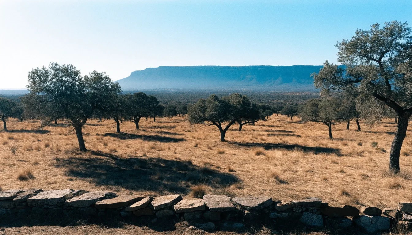 Dehesa extremeña al amanecer con encinas dispersas y sombras largas sobre el pasto seco