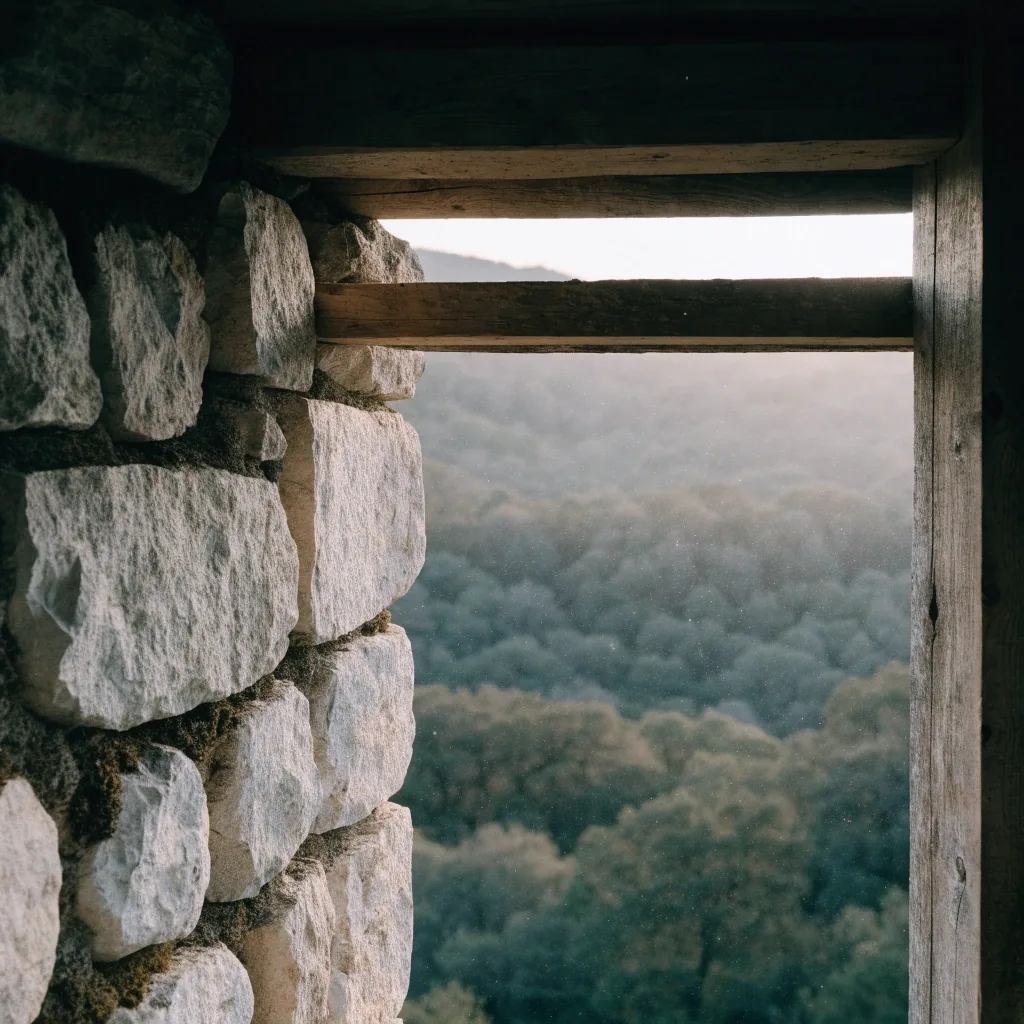 Interior de un observatorio de fauna en la sierra, con la luz del amanecer entrando por la abertura de observación