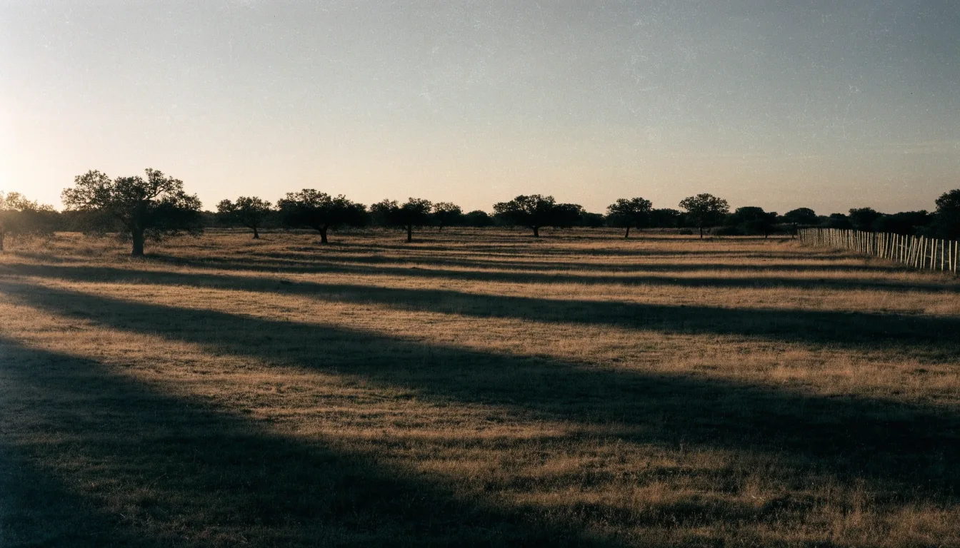 Paisaje de dehesa ibérica al amanecer con encinas y sombras largas