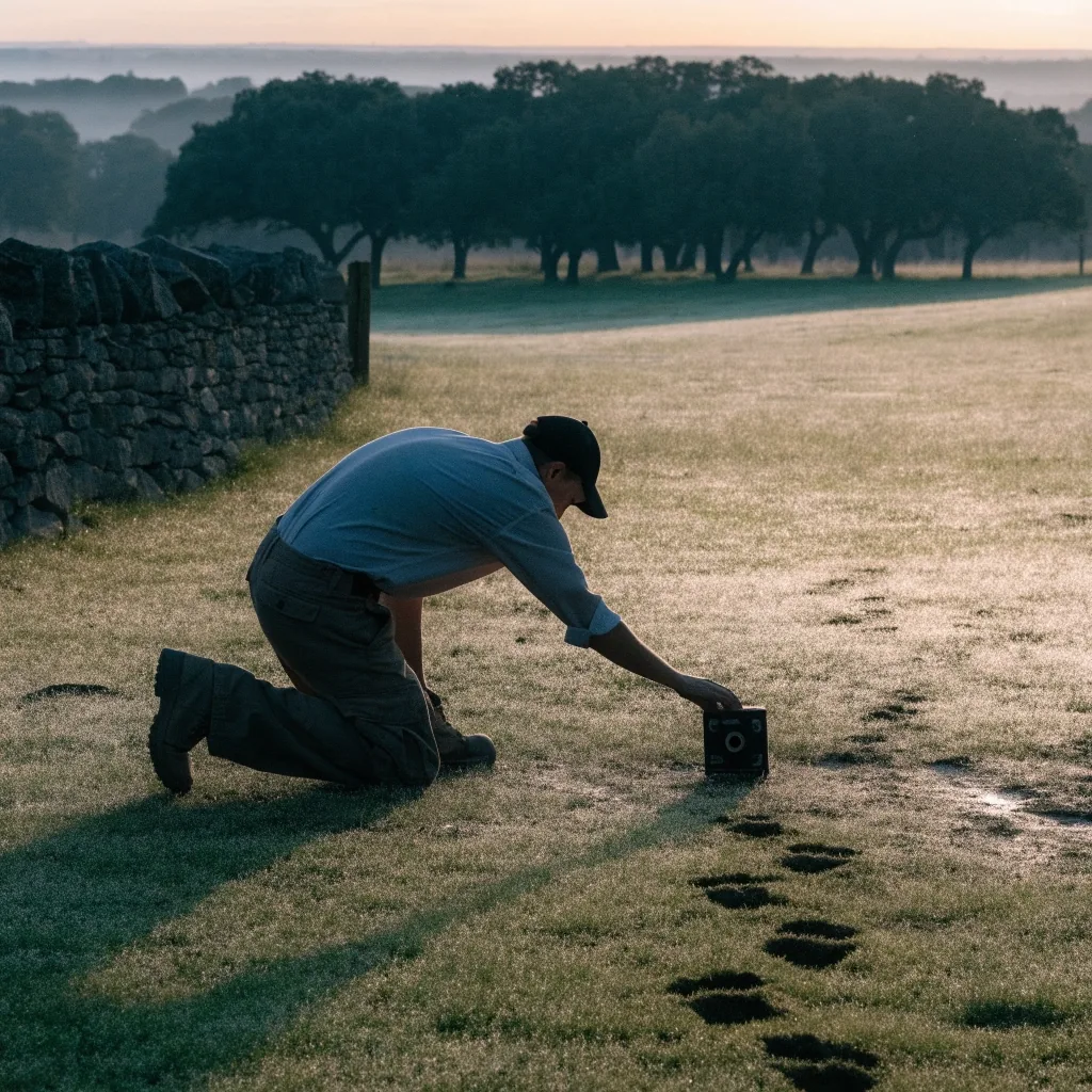 Dehesa de encinas al amanecer, con sombras largas sobre la hierba húmeda